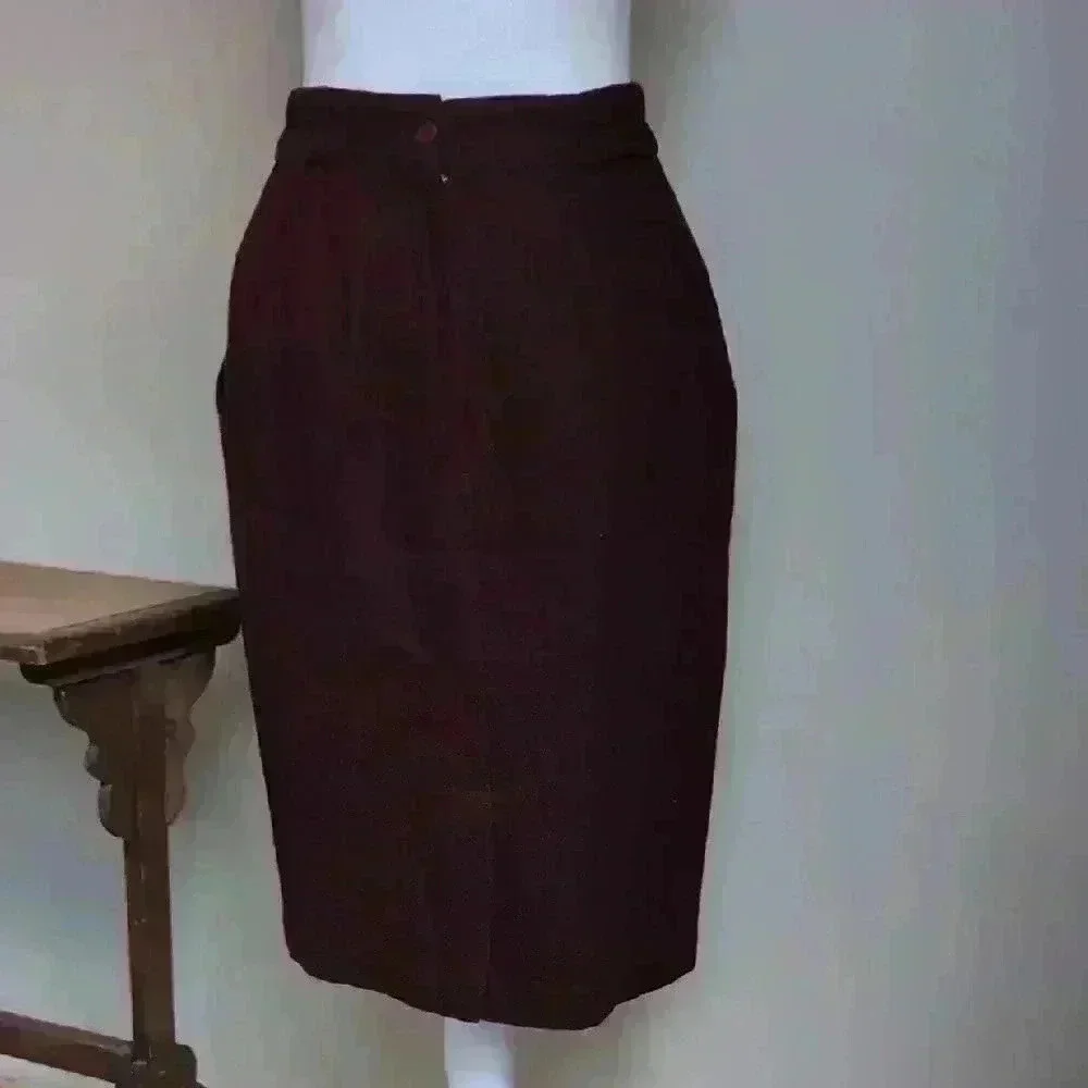 Vintage Bordeaux Pleated Wool Midi Skirt for Work - Picture 5 of 7